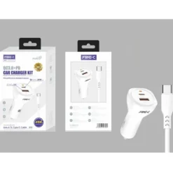 Cargador de Coche QC 3.0 y PD Con Cable USB-A a USB-C 1M 45W Blanco