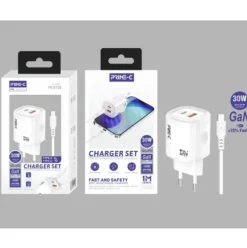 Cargador Rápido GaN Doble USB Con Cable USB-C a USB-C 30W Blanco