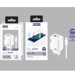 Cargador Rápido GaN Doble USB Con Cable USB-C a USB-C 35W Blanco