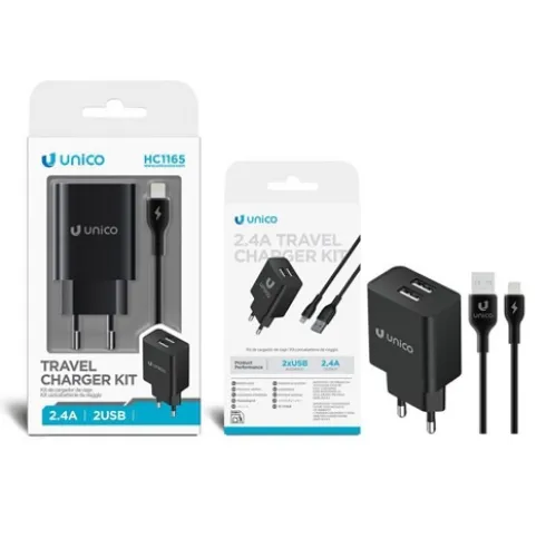 Cargador Viaje 2 Puertos Con Cable USB-A a Lightning 1M 2.4A Negro