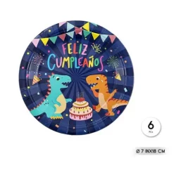 Platos Cartón Feliz Cumple Dinos 18cm