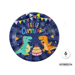 Platos Cartón Feliz Cumple Dinos 23cm