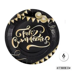 Platos Cartón Feliz Cumple Negro/Oro 18cm
