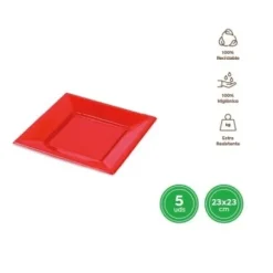 Platos Llano Cuadrado Reutilizable Rojo 23X23CM