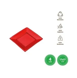 Platos Llano Cuadrado Reutilizable Rojo Metalizado 17X17CM