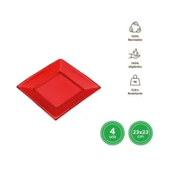 Platos Llano Cuadrado Reutilizable Rojo Metalizado 23X23CM